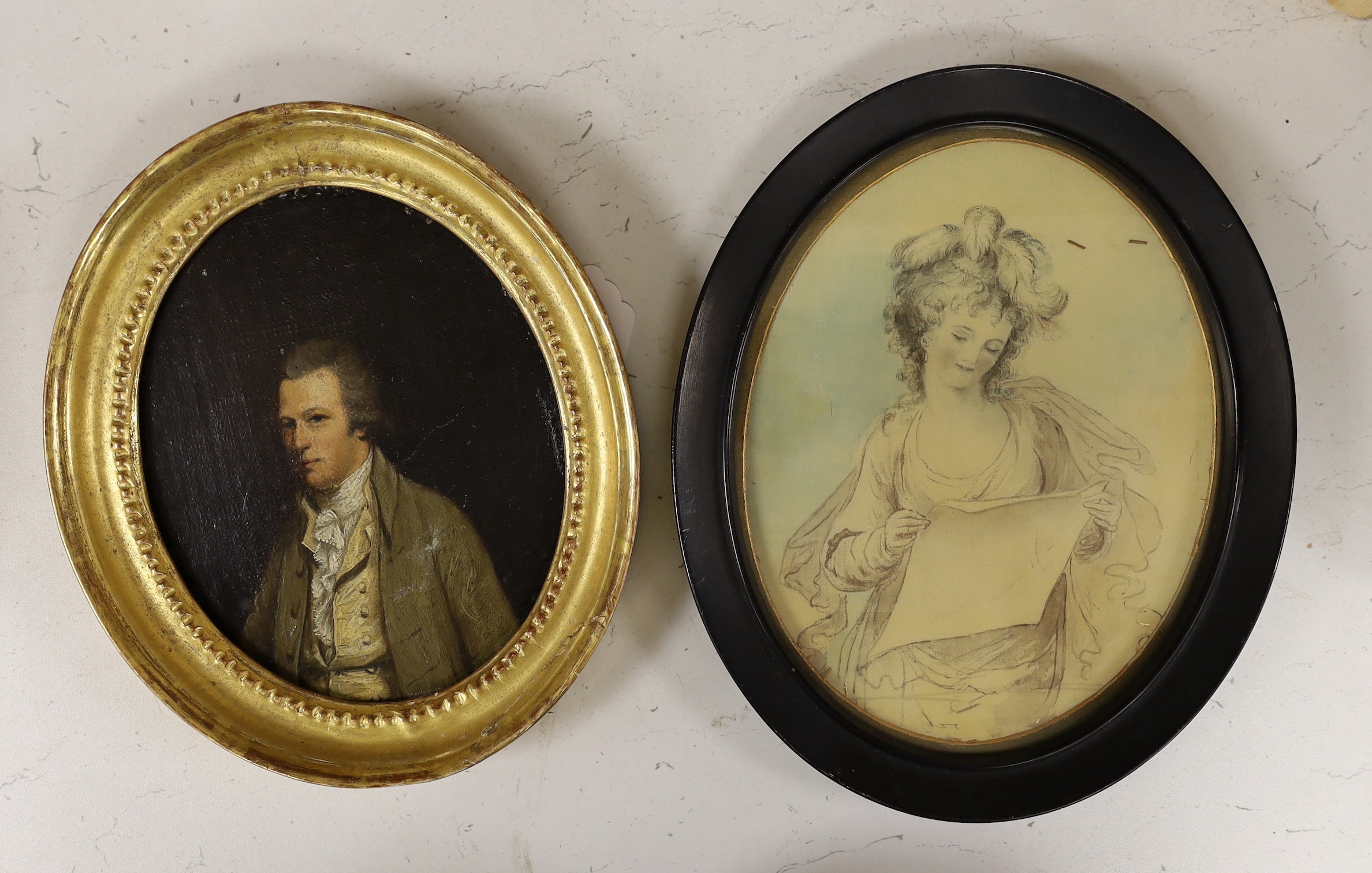 18th century English School, oil on canvas laid on board, Portrait of a gentleman, 18 x 14cm and a picture of a lady on silk after Reynolds, 20 x 16cm